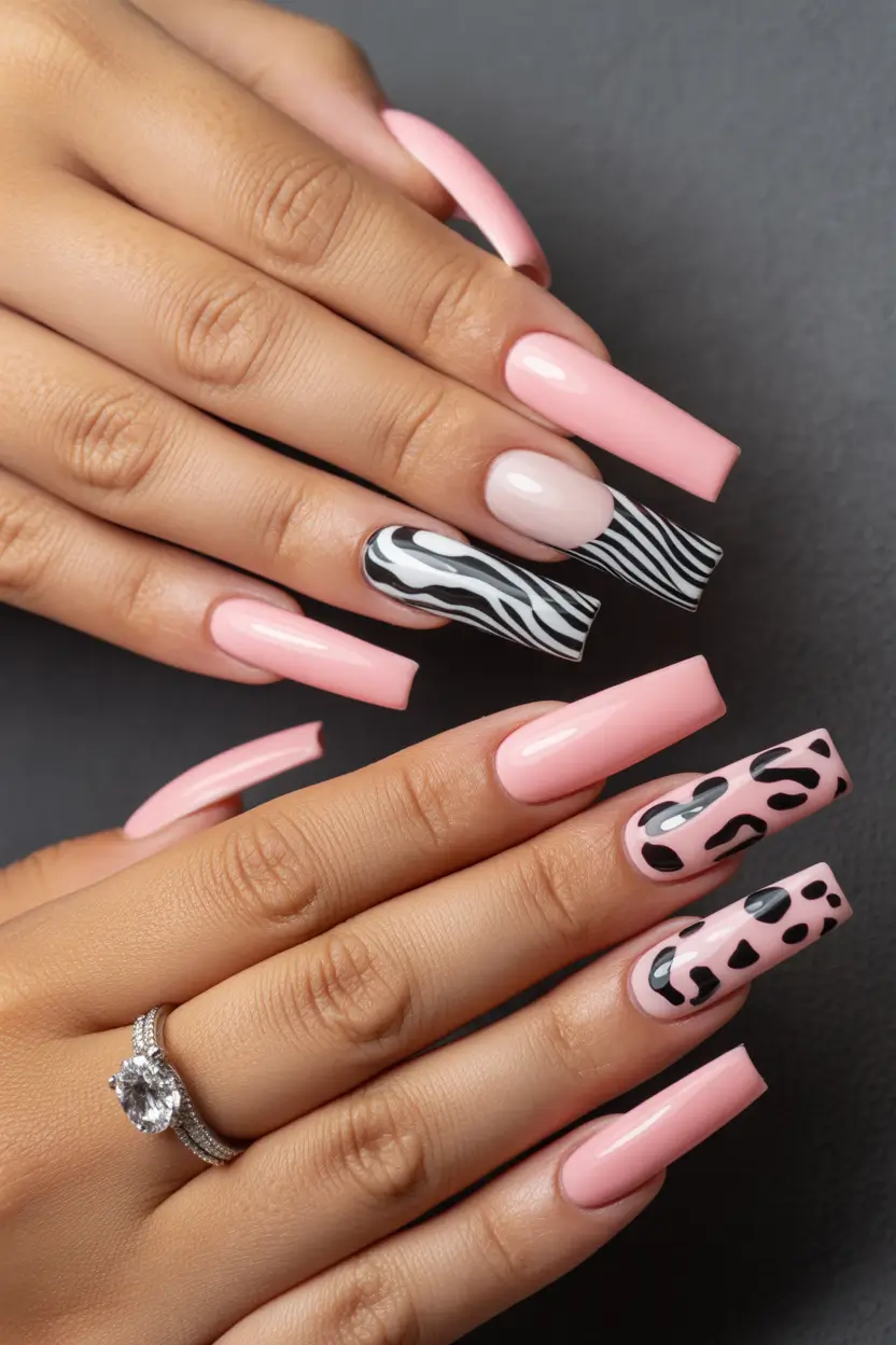 pink nails Long Pink Coffin Nails With Zebra and Abstract Prints