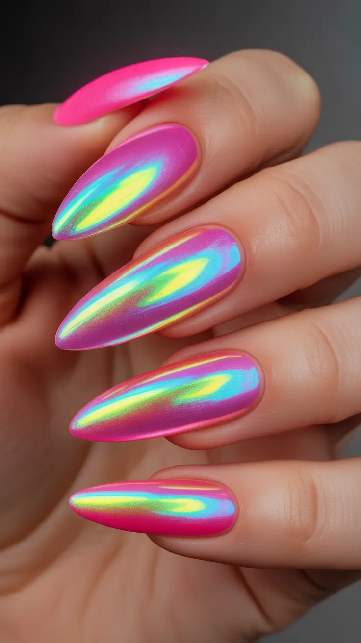 pink nails Neon Pink Chrome With Futuristic Shine