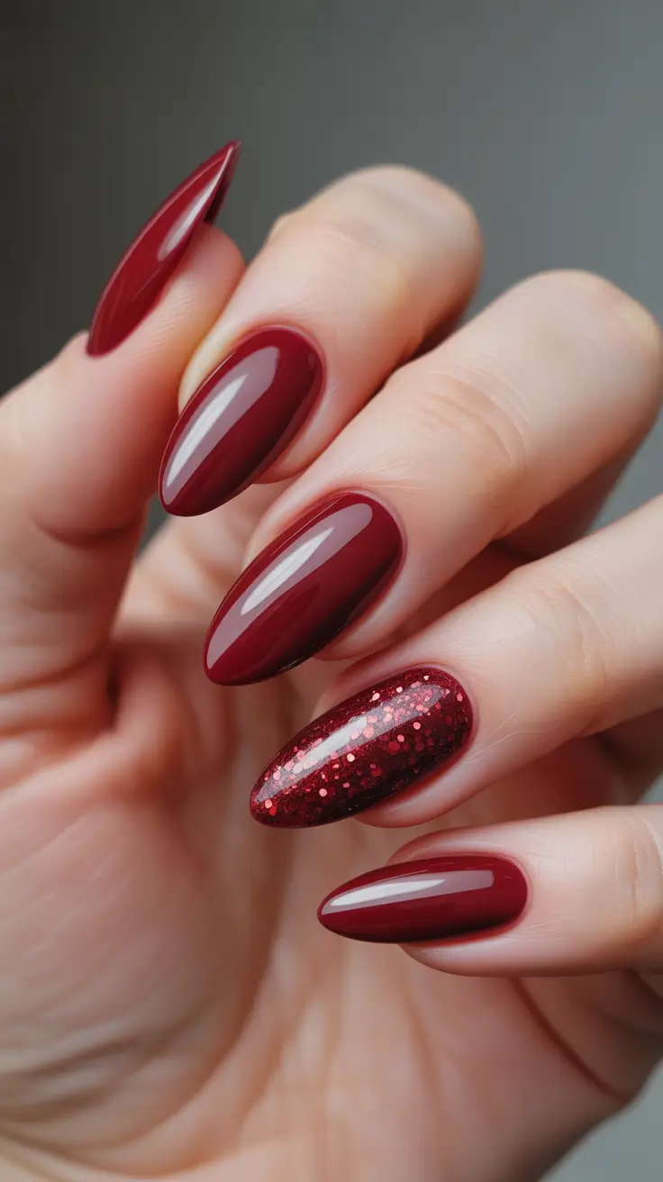 red nails Deep Burgundy Nails With a Glitter Accent for Evening Drama