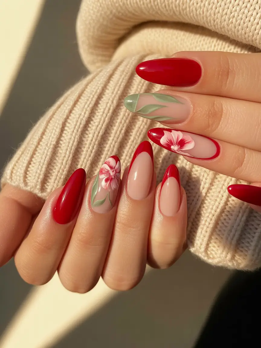 red nails Floral Red and Nude Nails With Soft Botanical Art