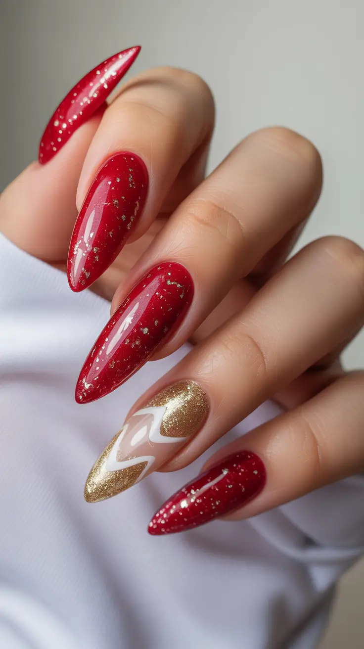 red nails Red and Gold Glitter Nails With Festive Energy