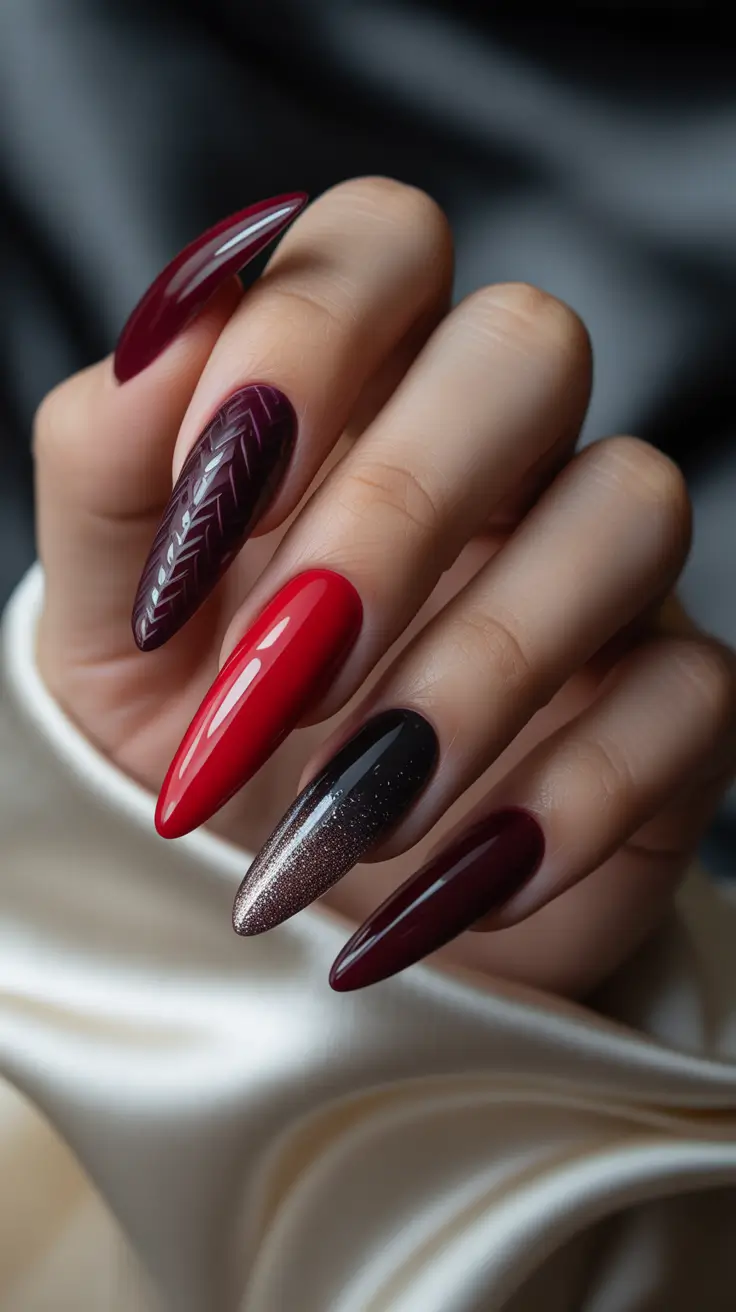 red nails Dark Red and Black Nails With Textured Depth
