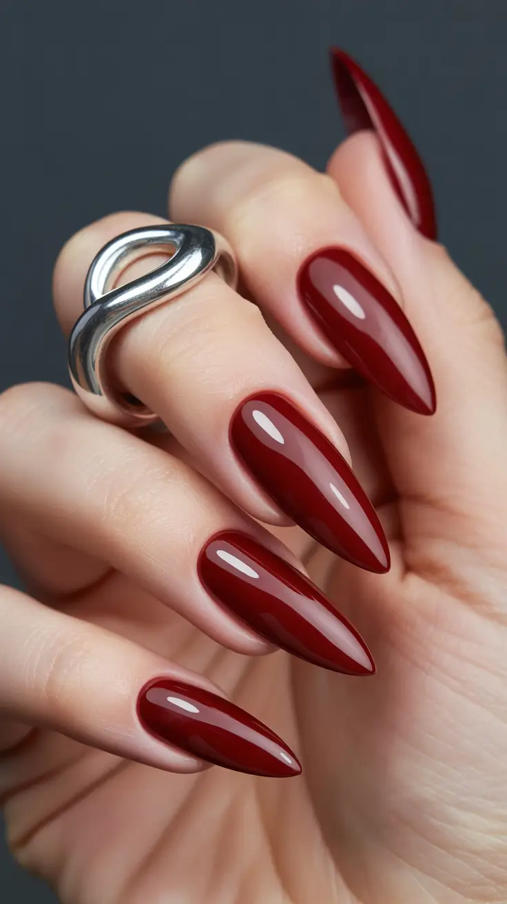 red nails Classic Glossy Dark Red Almond Nails With Timeless Appeal