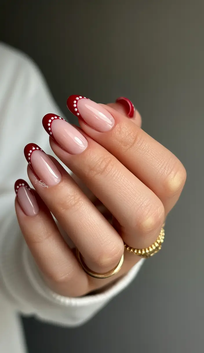 red nails Red French Nails With Delicate White Dot Details