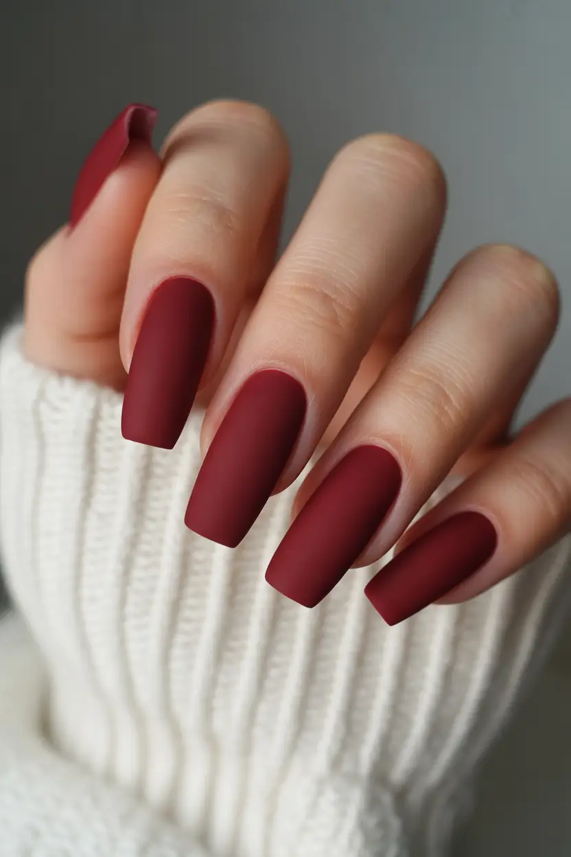 red nails Matte Crimson Coffin Nails With a Modern Minimal Edge