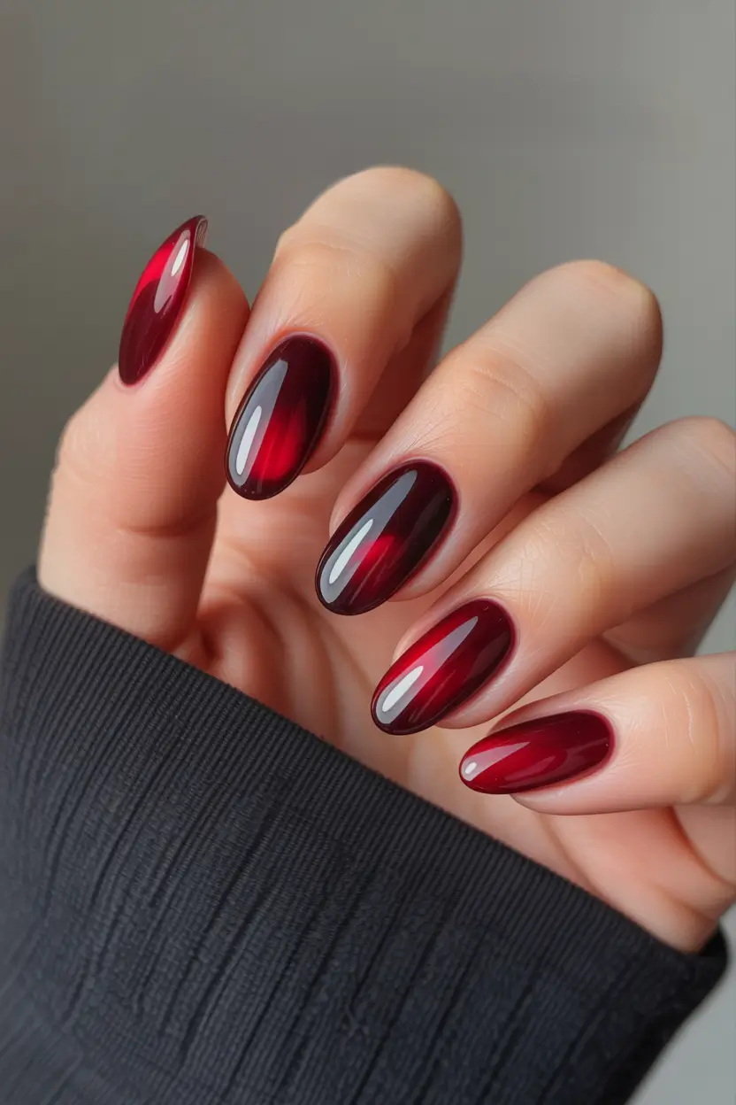 red nails Glossy Red Chrome Nails With a Liquid Finish