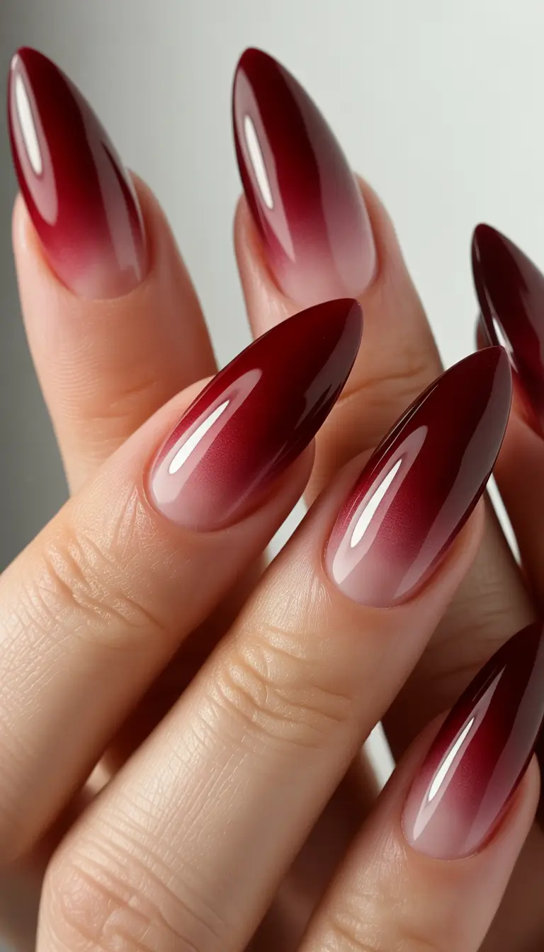 red nails Glossy Cherry Ombre Nails With a Soft Gradient Glow