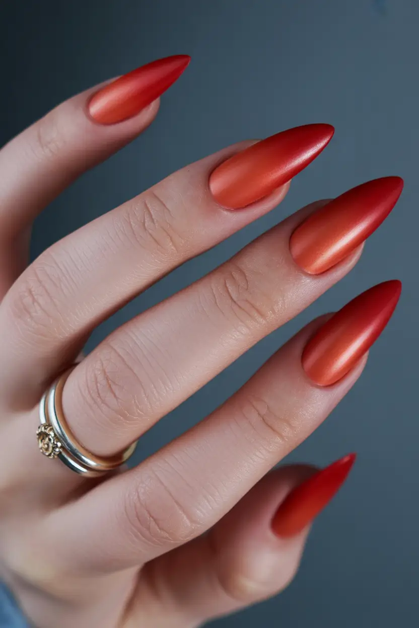 red nails Warm Ferrari Red Almond Nails With a Sunlit Finish