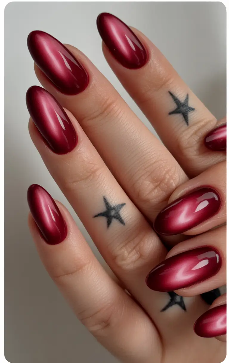 red nails Metallic Dark Red Cat Eye Nails With a Magnetic Glow