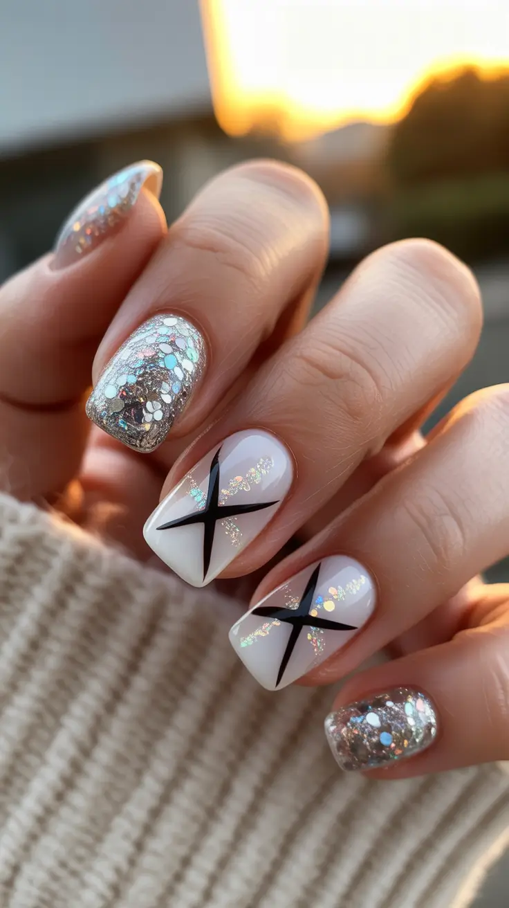 silver nails Silver Confetti Nails With Graphic White Accents