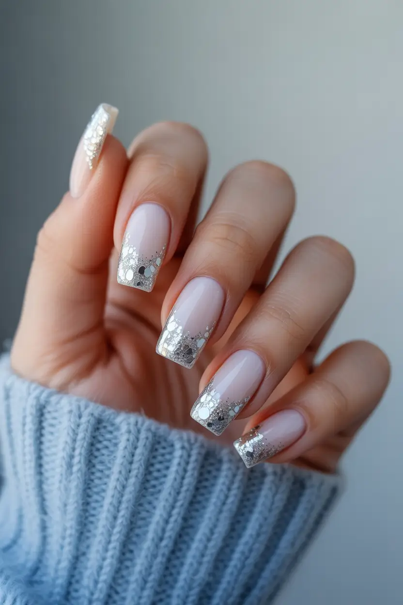 silver nails Soft Nude Square Nails With Silver Confetti Tips