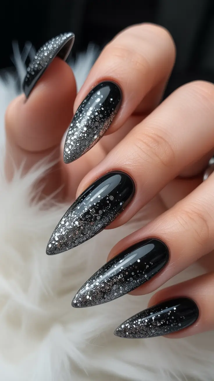silver nails Black And Silver Stilettos With Starry Gradient Effect