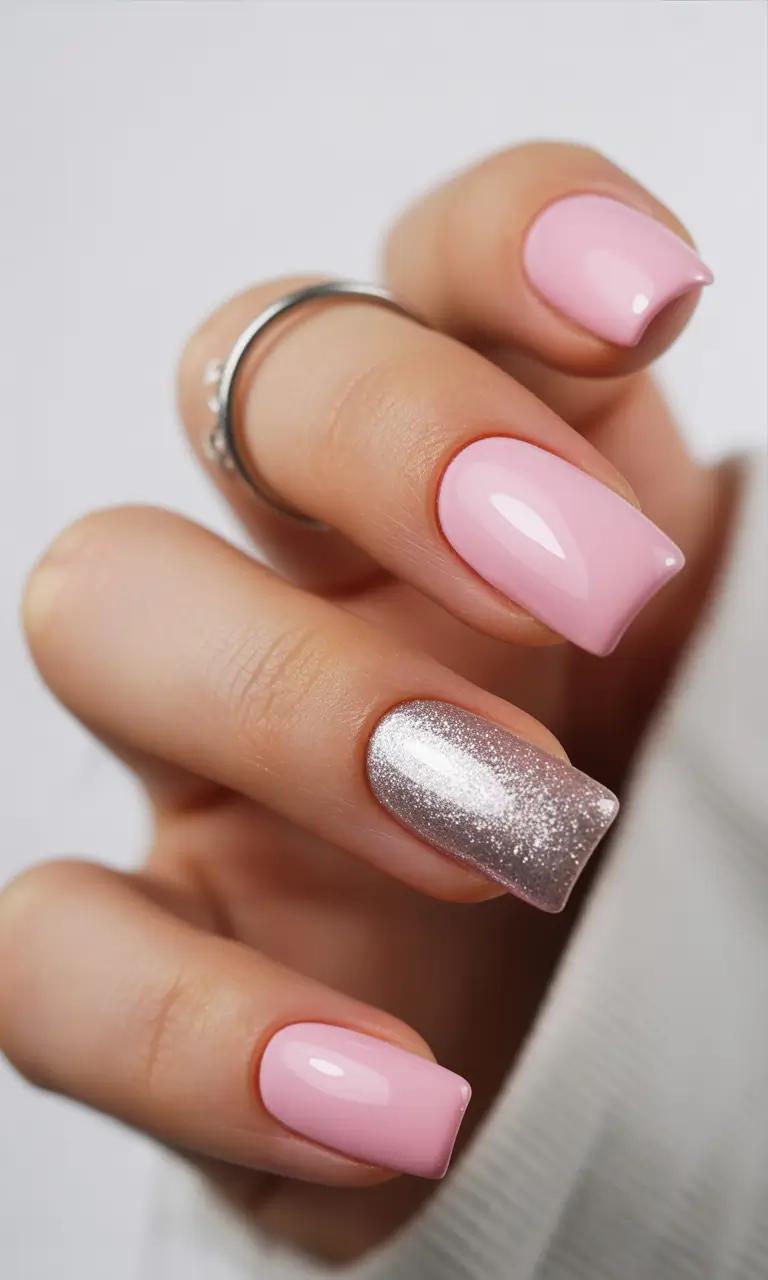 silver nails Pink And Silver Minimal Nails With Soft Contrast