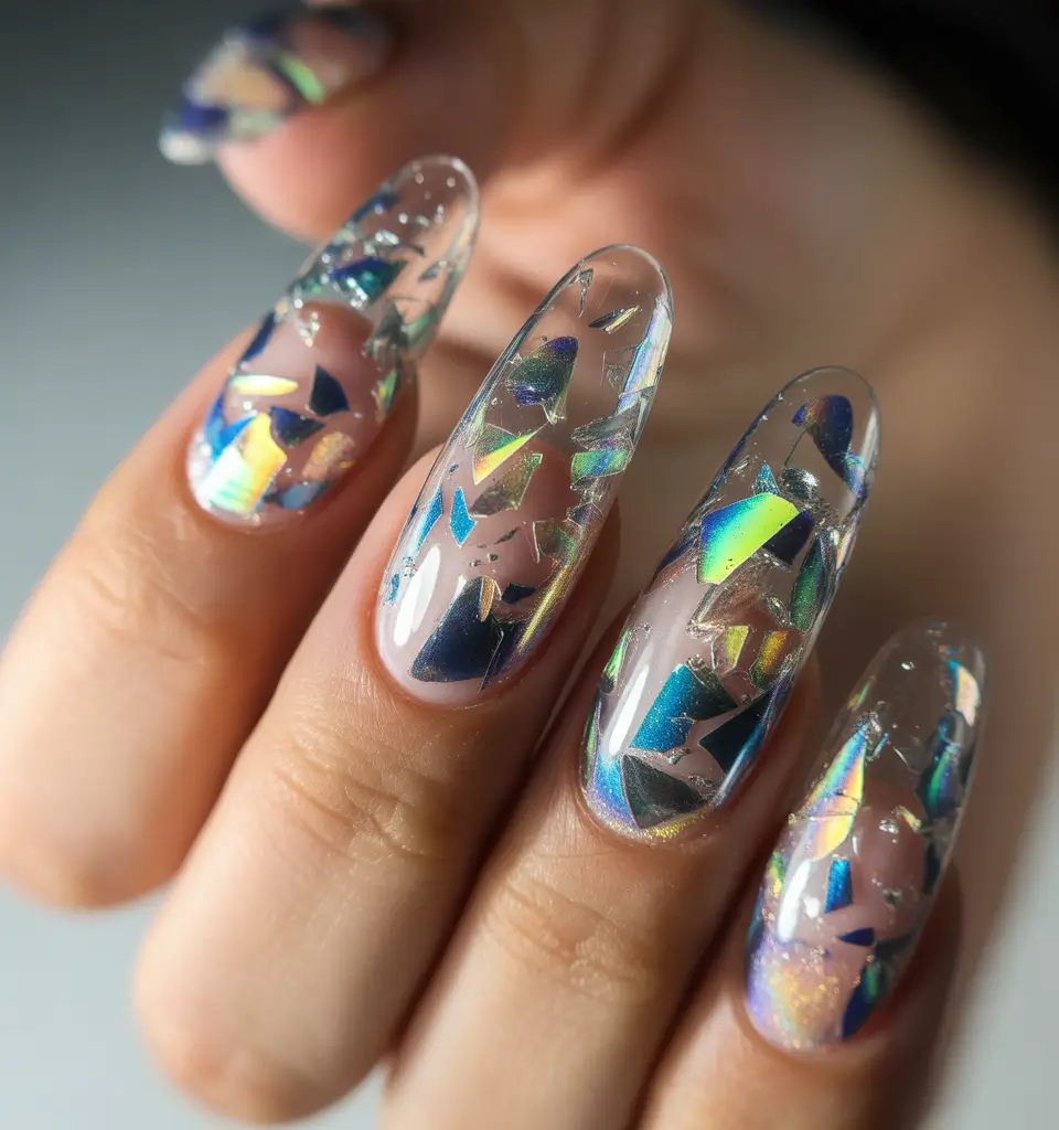 silver nails Clear Silver Nails With Iridescent Blue Shards