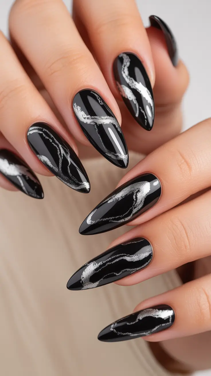 silver nails Black Stiletto Nails With Flowing Silver Veins