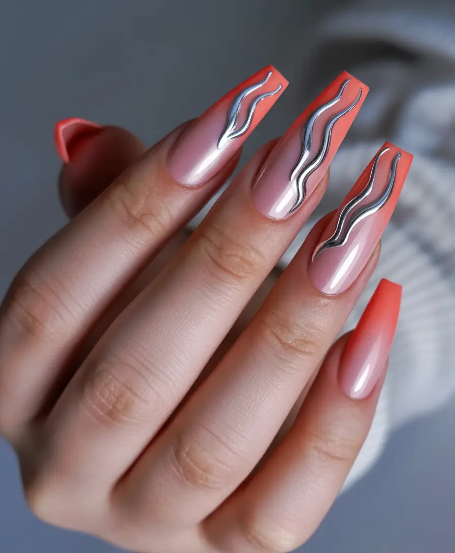 silver nails Coral Pink Nails With Silver Wave Accents