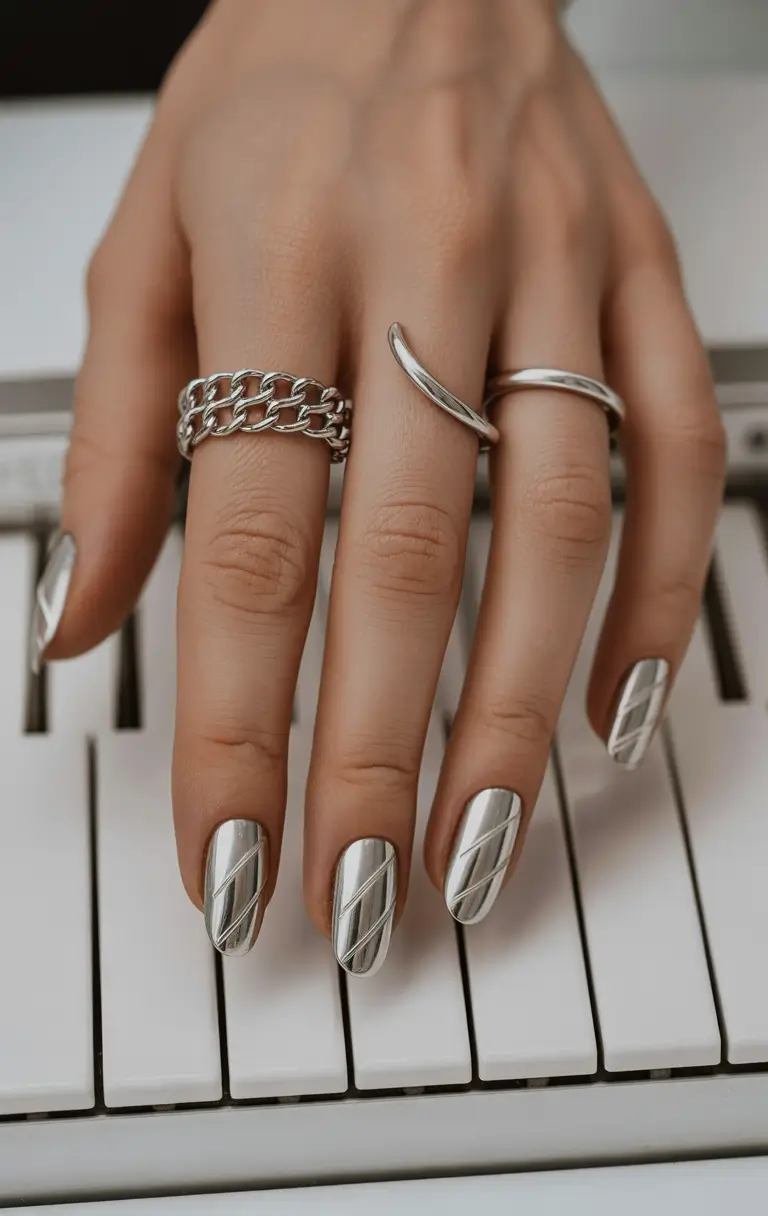silver nails Minimal Silver Chrome Nails With Graphic Line Art