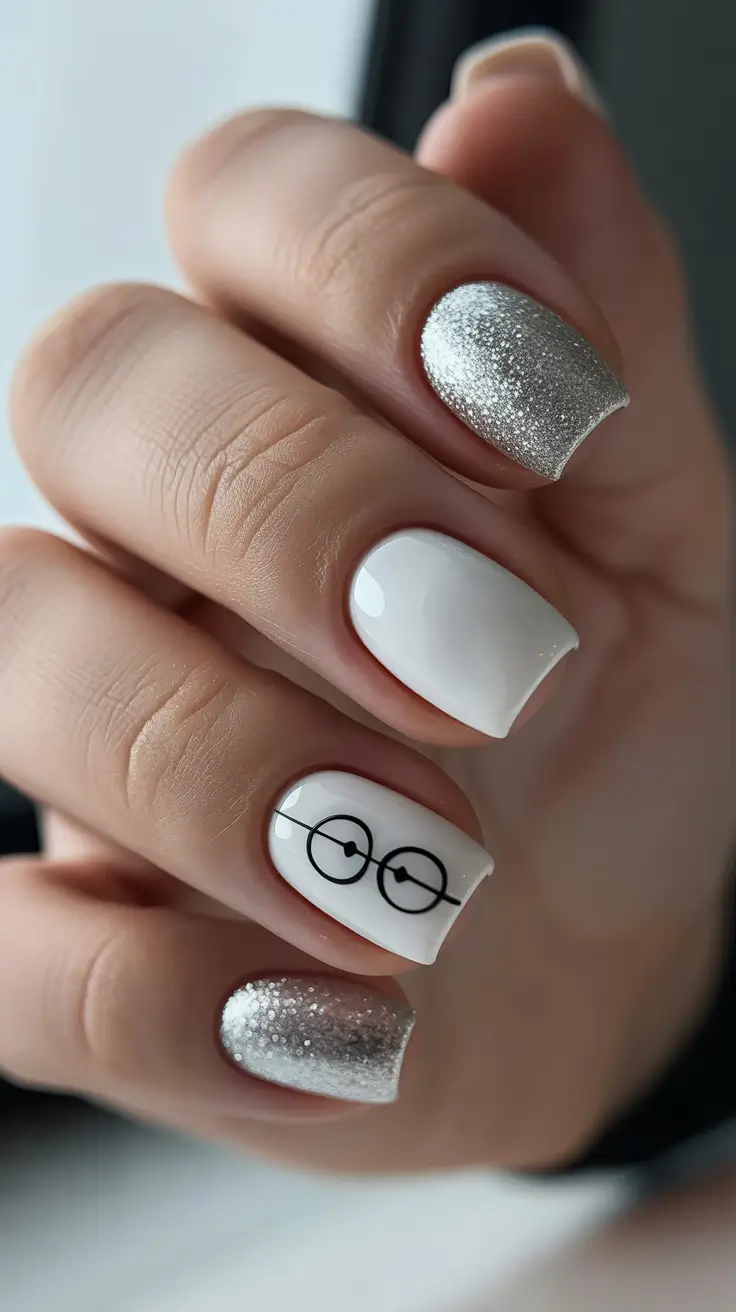 silver nails White And Silver Short Nails With Graphic Details