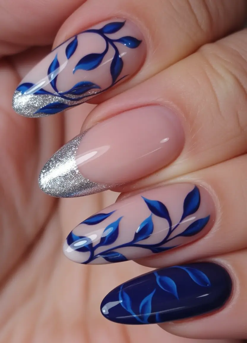 silver nails Navy Blue And Silver Nails With Botanical Art
