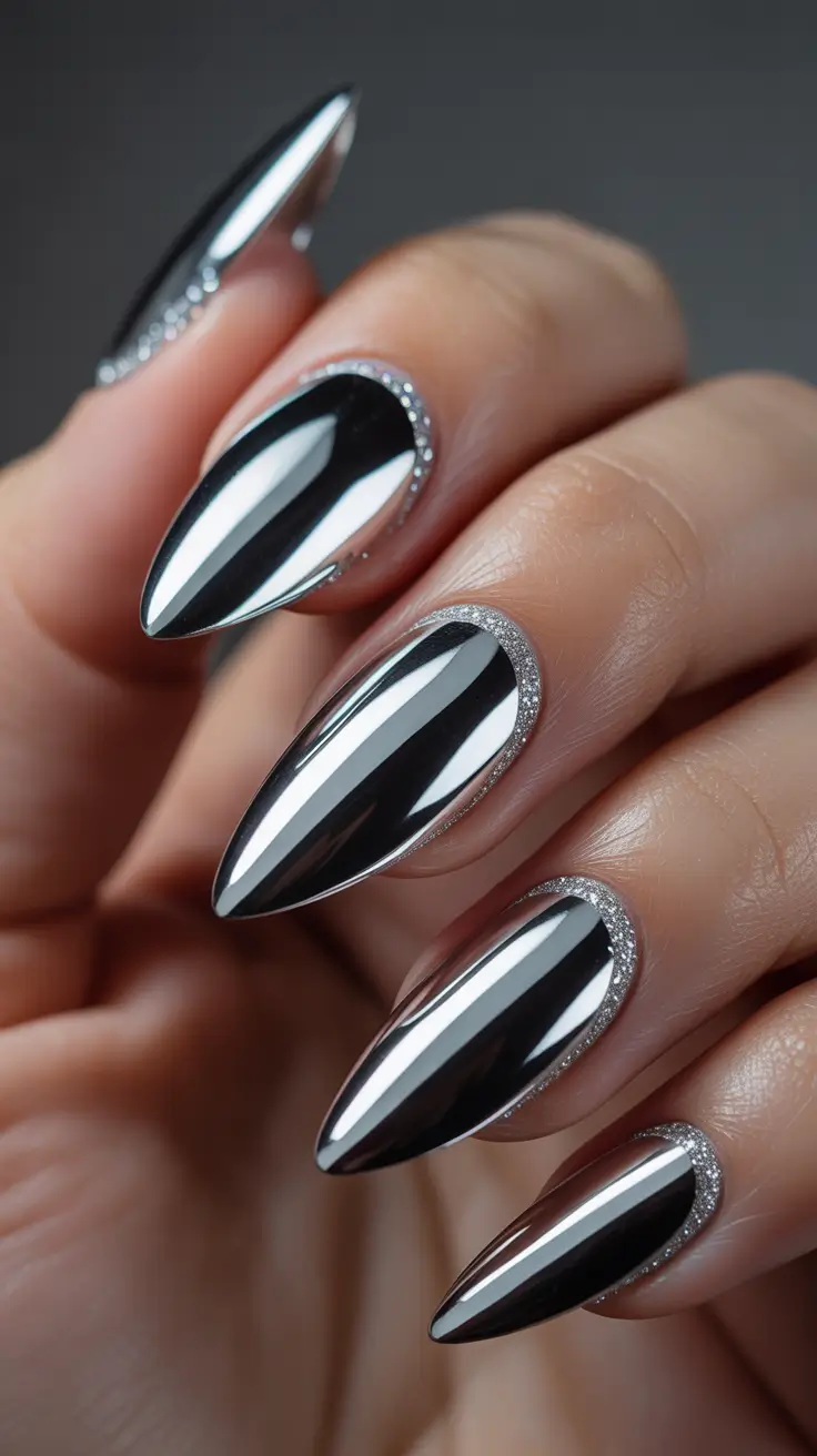 silver nails Black Chrome Almond Nails With Subtle Silver Halo