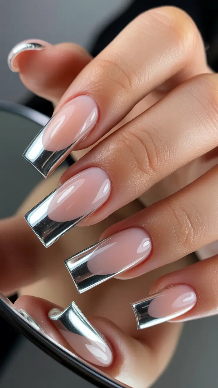 silver nails Minimalist Silver Tips on Natural Pink Base