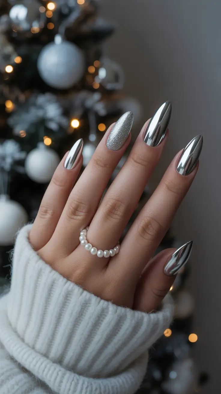 silver nails Holiday Silver Almonds With Soft Sparkle Contrast
