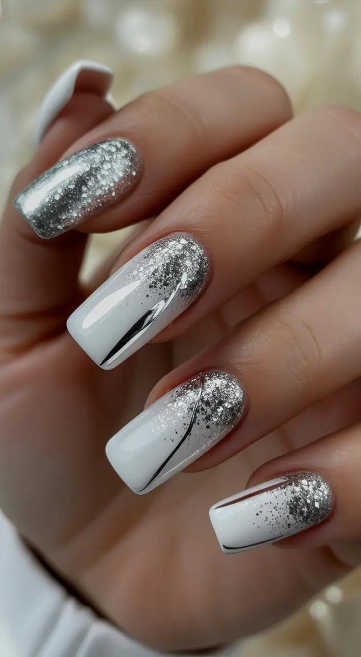 silver nails Silver And White Gradient With Graphic Black Lines