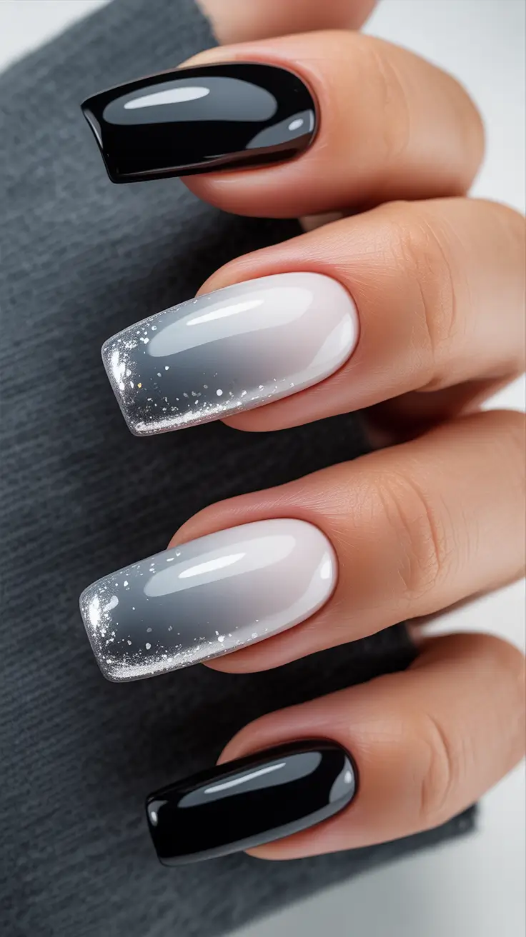 silver nails Glossy Black And Silver Fade For Bold Minimalists