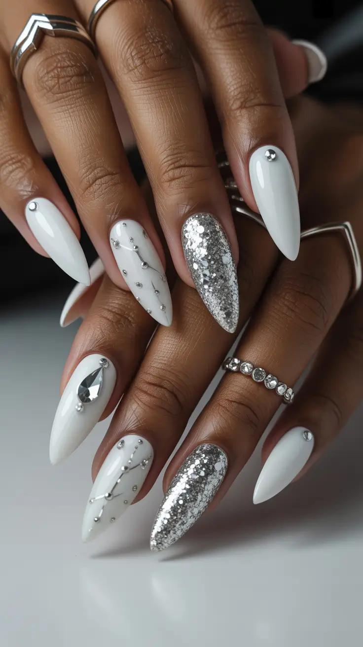 silver nails Silver And White Stilettos With Crystal Details