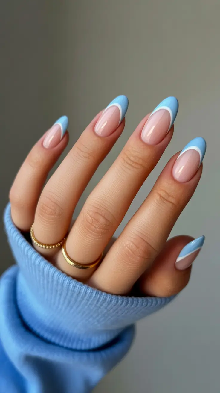 blue nails Classic Sky Blue French With Almond Shape