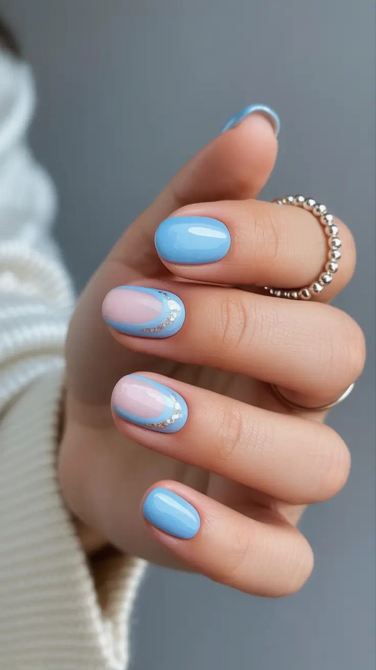 blue nails Sky Blue With Soft Pink and Silver Accents