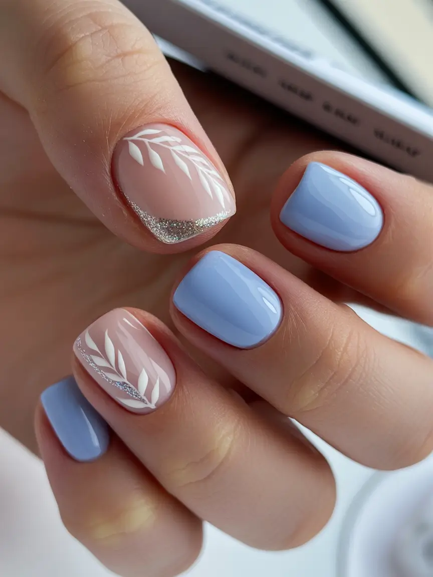 blue nails Short Sky Blue Nails With Botanical White Details