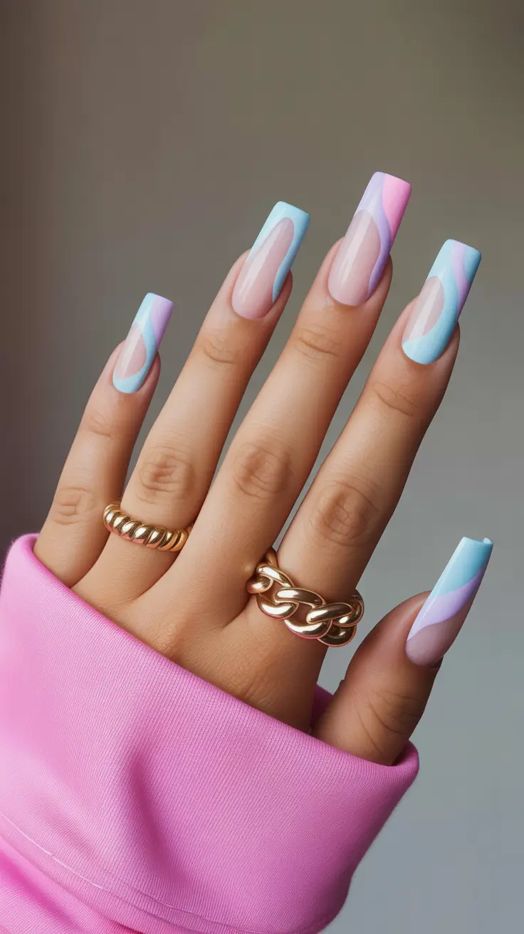 blue nails Sky Blue With Pastel Waves and Soft Geometry