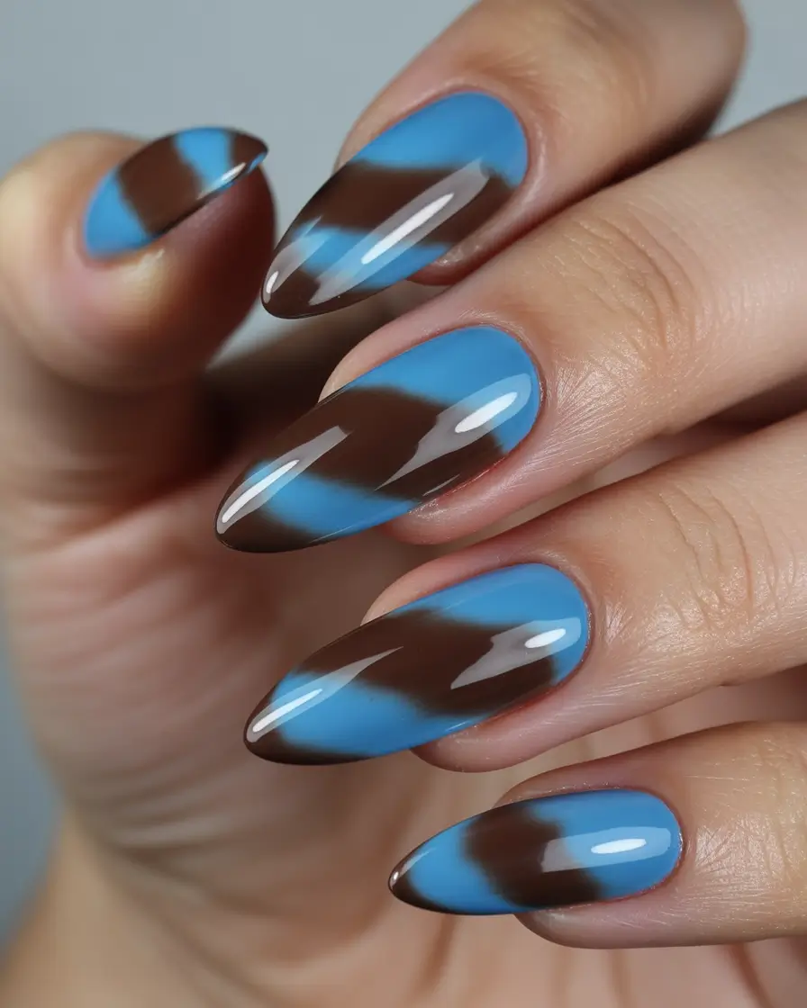 blue nails Sky Blue and Brown Contrast With Graphic Flow