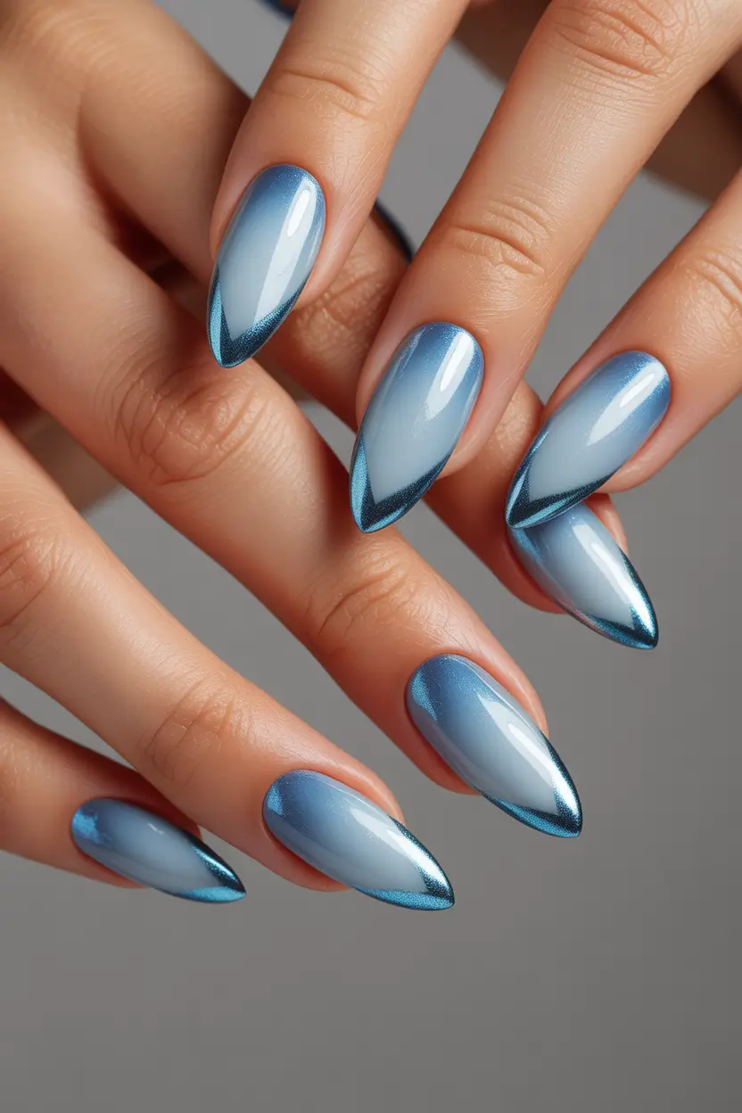 blue nails Metallic Sky Blue Tips With a Futuristic Edge
