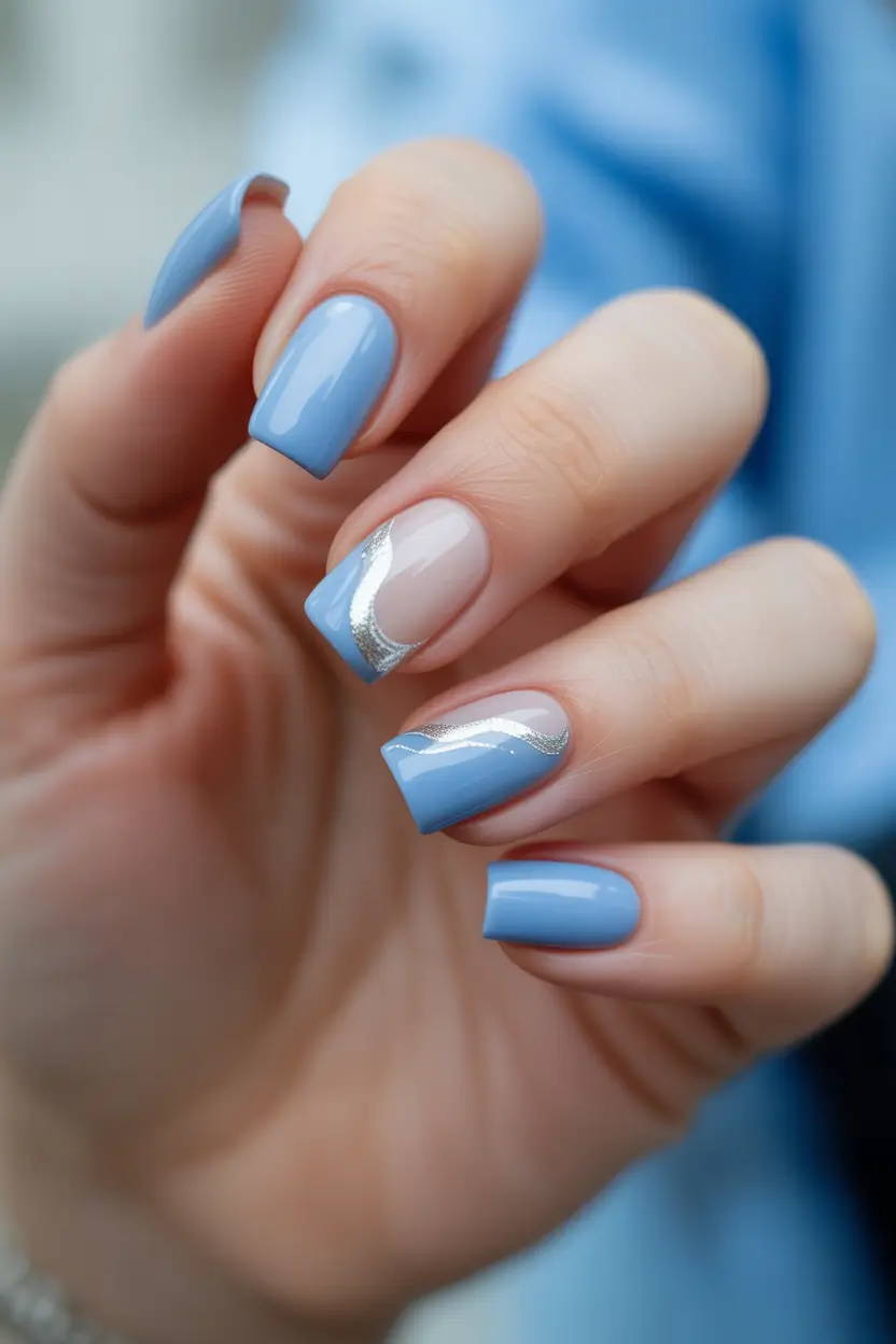 blue nails Sky Blue With Silver Curve Accents