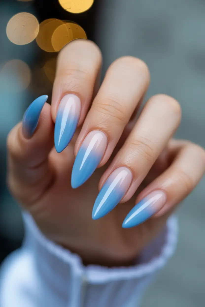 blue nails Elongated Sky Blue Ombre With Evening Glow