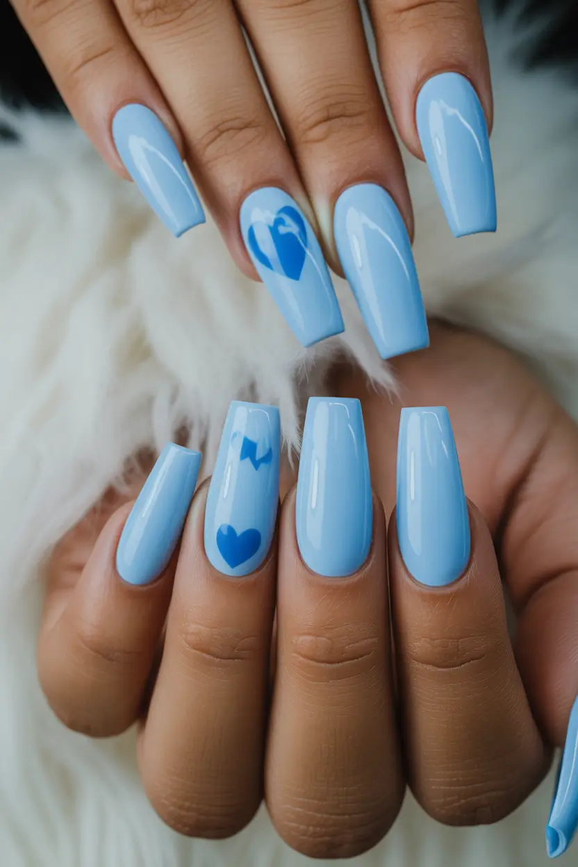 blue nails Sky Blue With Minimal Heart Details