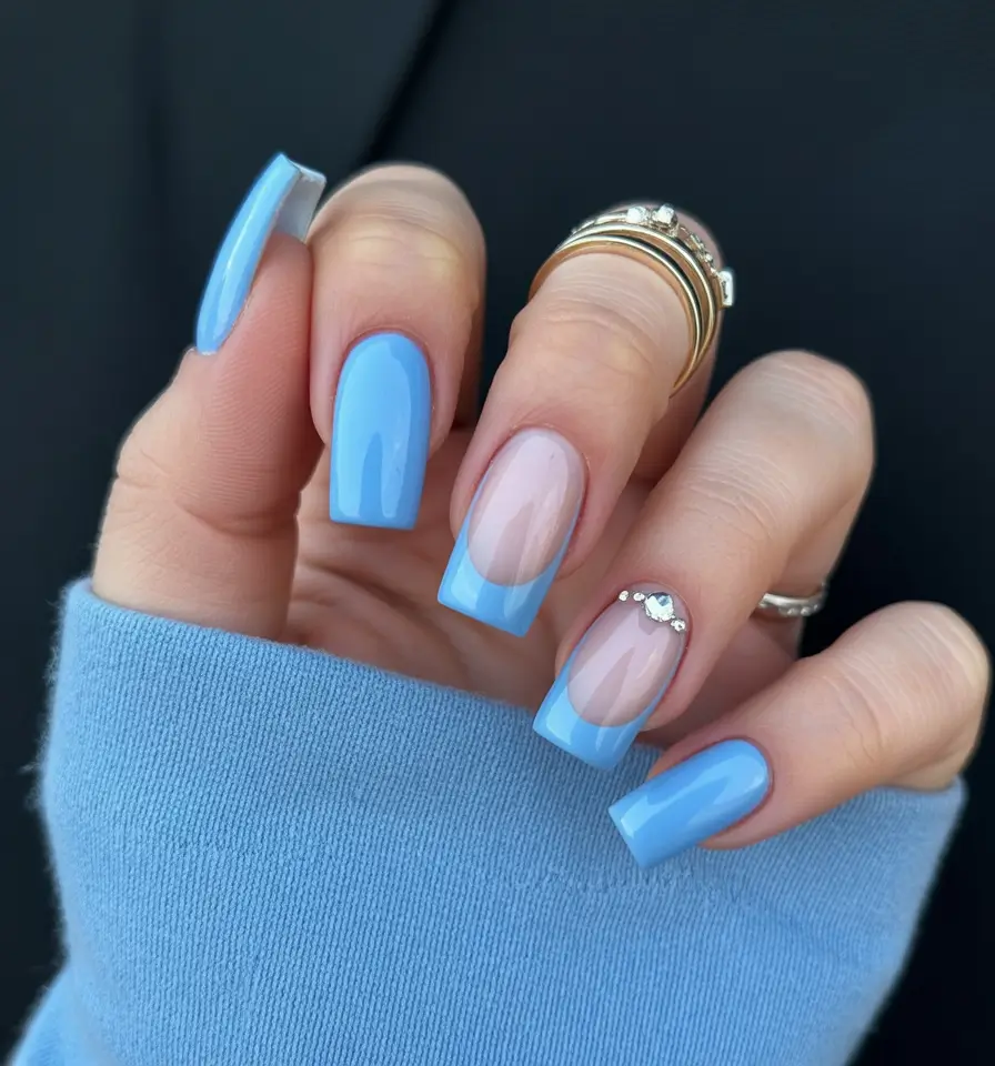 blue nails Sky Blue French With Soft Nude Balance