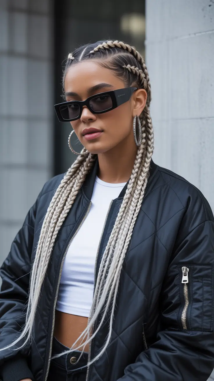 braids hairstyle - Platinum-Stitched Braids With a Street-Chic Edge