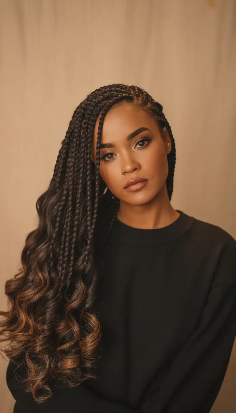 braids hairstyle - Side-Swept Box Braids With Soft Curls