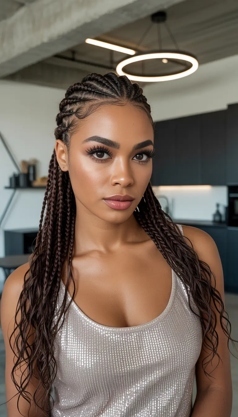 braids hairstyle - Wet-Texture Micro Twists With Sleek Cornrow Detail