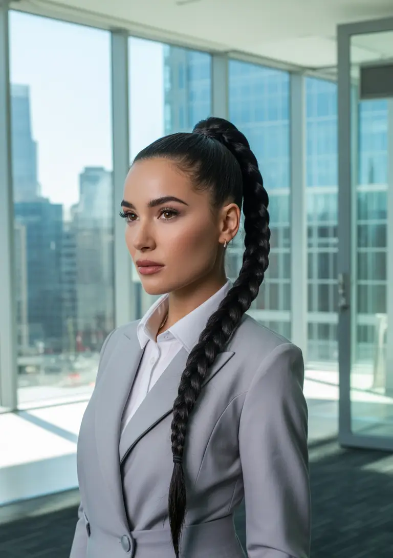 braids hairstyle - Ultra-Sleek High Braid Ponytail With Executive Edge