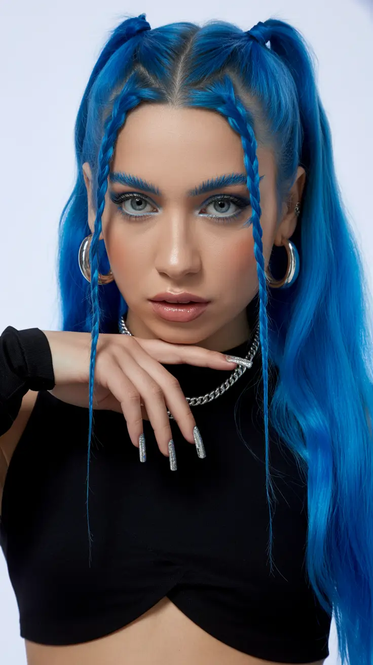 braids hairstyle - Electric Blue Twin Pigtail Braids With Futuristic Flair