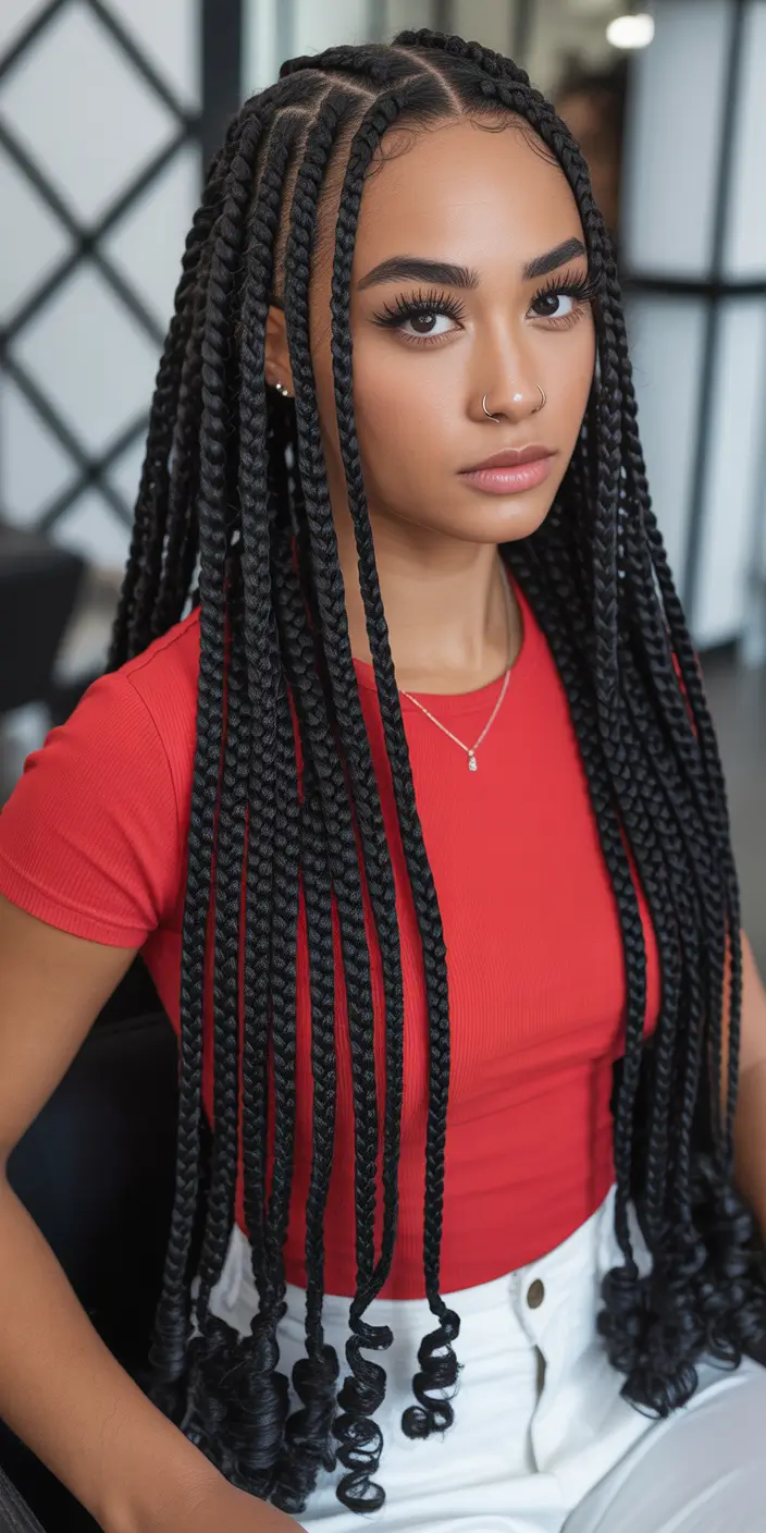 braids hairstyle - Long Jet-Black Knotless Braids With Curled Ends