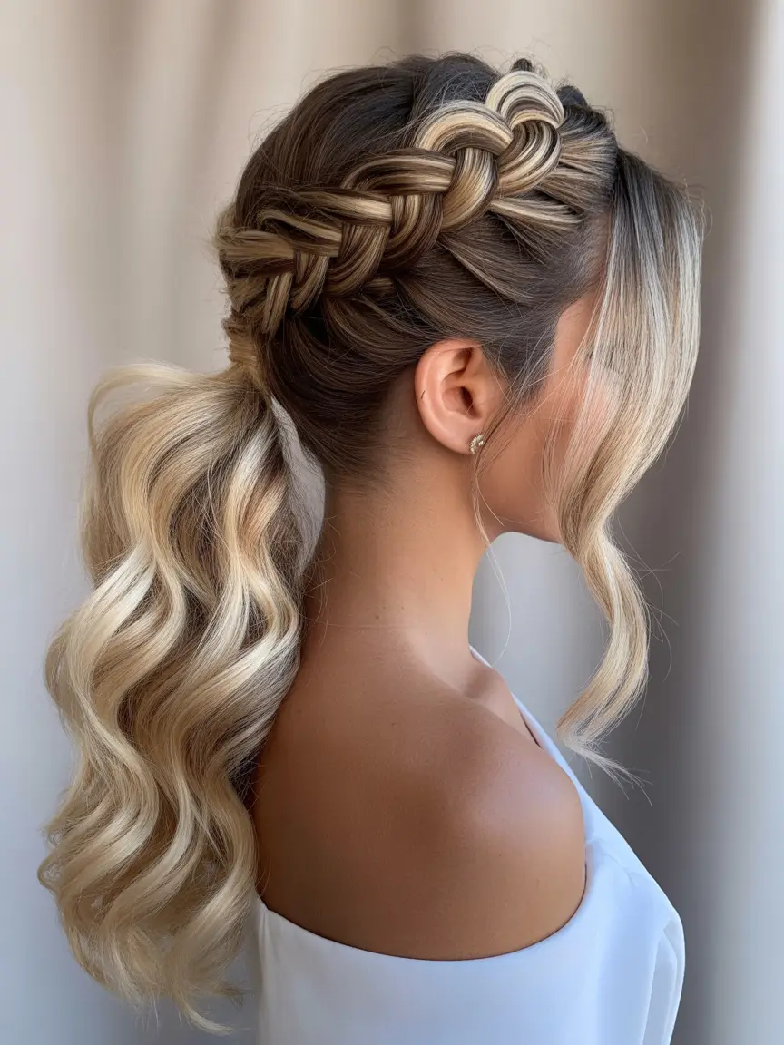 braids hairstyle - Intricate Crown Braid Leading Into a Voluminous Ponytail