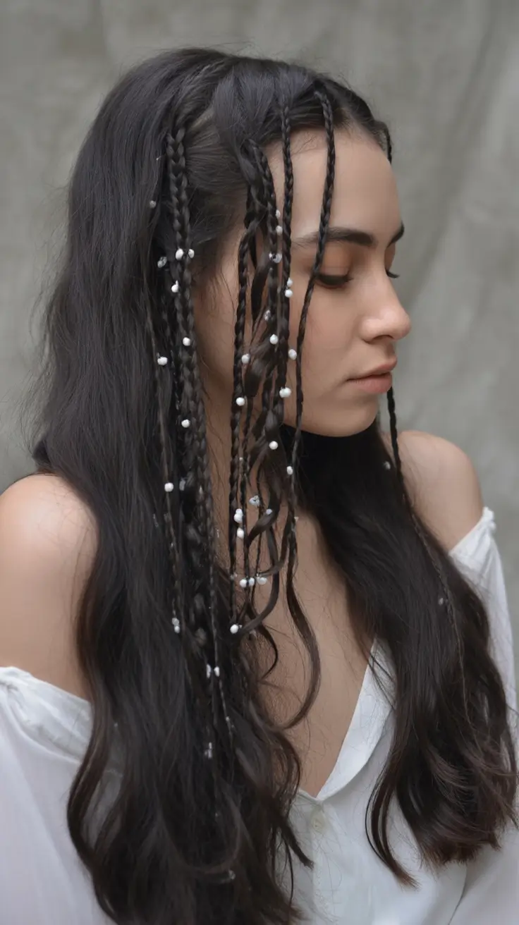 braids hairstyle - Boho Pearl-Accented Braids With Loose Flowing Length