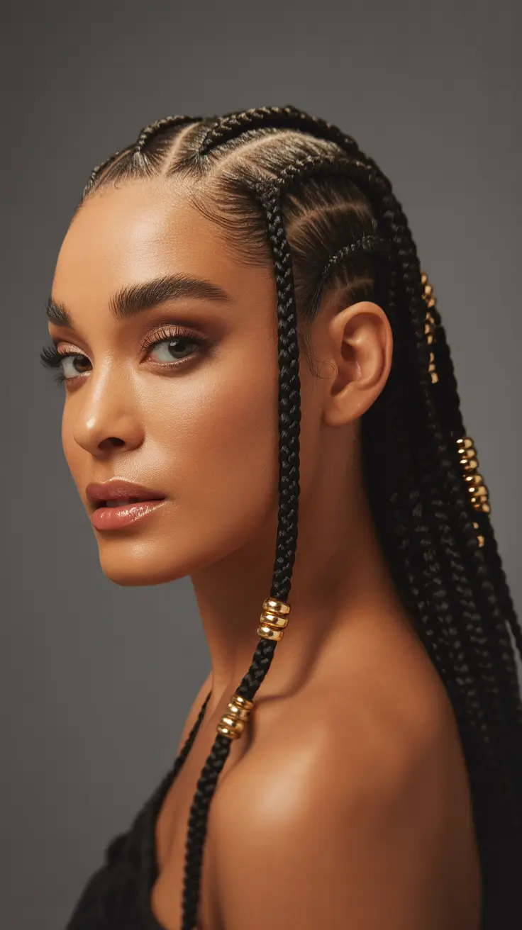 braids hairstyle - Classic Cornrow Braids Accented With Gold Beads