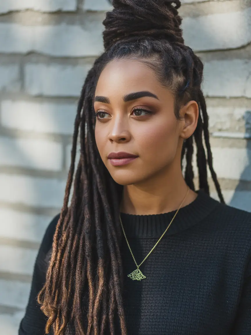 braids hairstyle - Lofty Locs Piled High in a Half-Up Crown