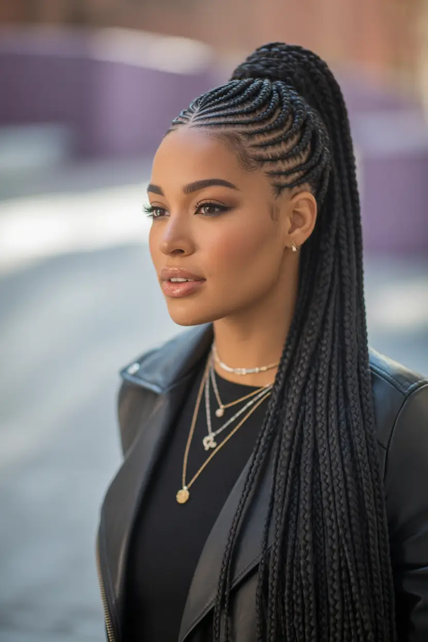 braids hairstyle - High Ponytail Braids With Elegant Scalp Swirls